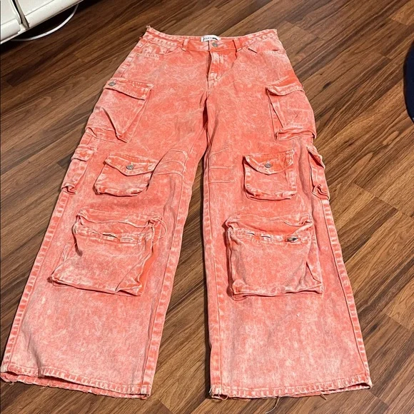 High Rise Orange Acid Wash Cargo Baggy jeans size 11 - Picture 3 of 11